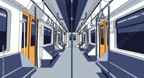 Empty interior of a modern subway or train car with blue seats and yellow doors, shown in a one-point perspective illustration.