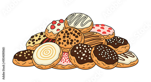 A large pile of assorted donuts with various colorful toppings like chocolate, sprinkles, and strawberry icing on a white background.