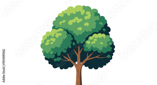 Simple and stylized illustration of a lush green deciduous tree with a brown trunk, isolated on a clean white background.