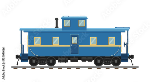 Side view illustration of a classic blue caboose train car with yellow trim, sitting on a section of railroad track.