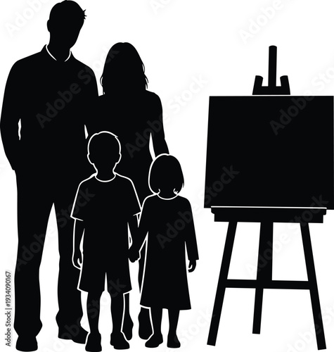 Black and white family silhouette, parents and children standing together, easel blank canvas, creative art activity, collaborative artistic expression, flavector
