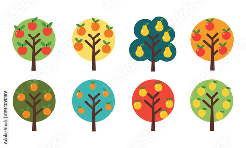 Fruit Trees Collection Flat Design Illustration on White Background