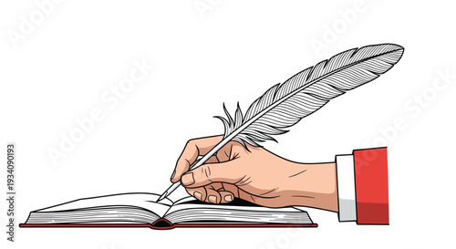 A hand writing in an open book with a classic feather quill pen, symbolizing literature, history, poetry, and the art of writing.