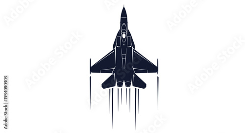 A top-down silhouette of a modern fighter jet with afterburners firing, showcasing military power and advanced aviation technology.