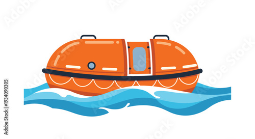 An enclosed orange lifeboat, or survival craft, floating on blue ocean waves, used for emergency evacuation from large ships.