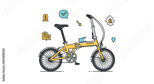 A yellow folding bicycle surrounded by various icons representing travel, finance, and location, ideal for urban commuting themes.
