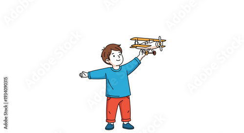 A cute cartoon drawing of a young boy in a blue shirt playing with a toy biplane, symbolizing childhood dreams and imagination.