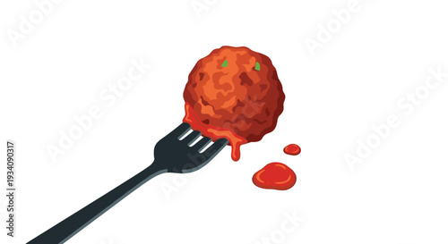 A single large meatball covered in red tomato sauce is held up on a black fork, ready to be eaten, on a white background.
