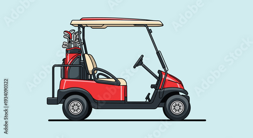 Side view illustration of a red golf cart with a bag of clubs in the back, parked on a light blue background, ready for a game.