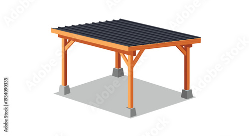 An isometric vector illustration of a simple wooden carport with a dark corrugated roof, providing shelter for a vehicle.