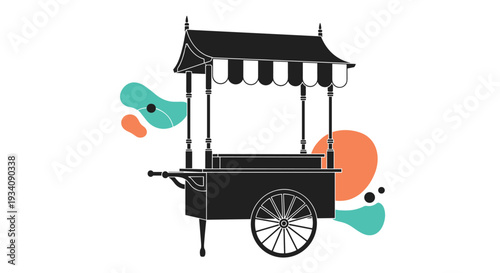 A black silhouette of a vintage-style street food cart with a striped awning, set against colorful abstract background shapes.