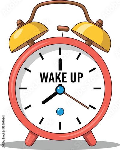 Alarm clock illustration with wake up text, classic retro bell timer design for morning routine reminder concept