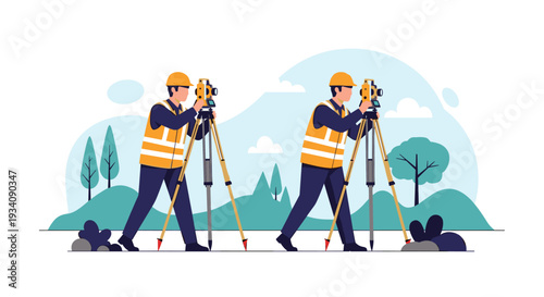 Two land surveyors in safety vests and hard hats using theodolite equipment on tripods to measure a construction site.