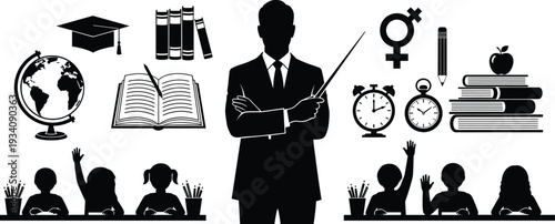 Black and white education illustration, teacher with pointer, globe, graduation cap, books, apple, clock, students raising hands, academic symbols, flavector
