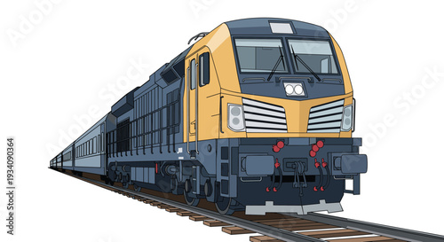 A modern yellow and gray diesel locomotive pulling passenger cars along a railroad track, viewed from a front three-quarter angle.