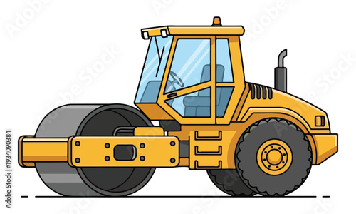 Yellow Road Roller Construction Vehicle Isolated Outline Illustration