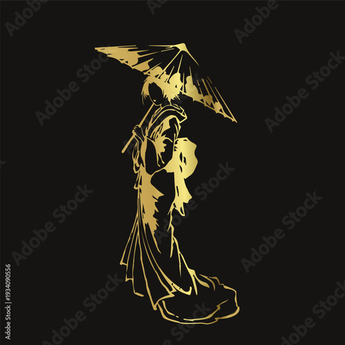 umbrella traditional dress woman japanese chinese golden vector ink traditional asian design isolated