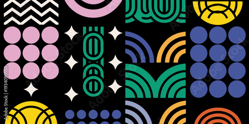 Vibrant geometric patterns on black background for modern design