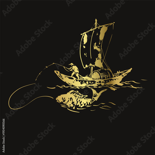 fishing boat japanese chinese golden vector ink traditional asian design isolated