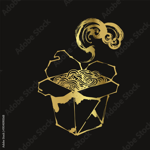 noodles box street food japanese chinese golden vector ink traditional asian design isolated
