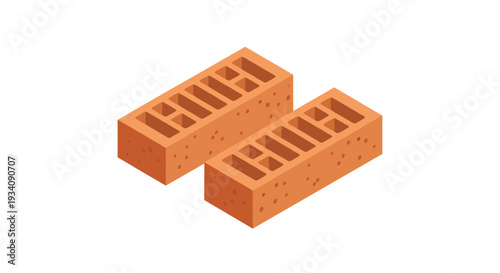 Two perforated red clay bricks shown in an isometric perspective, a common material used for construction and building walls.