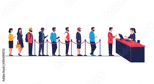 A diverse group of people standing patiently in a long queue at a registration desk, managed by stanchion ropes and a clerk.