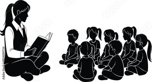 Black and white silhouette illustration, adult reading book, children listening, storytime scene, education concept, literacy learning, teaching interaction, group activity, flavector