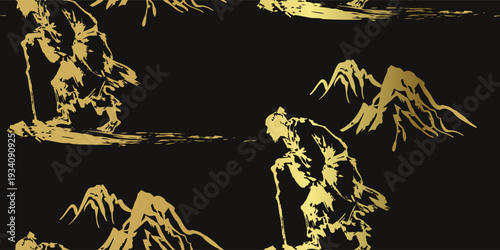 old man in the mountains japanese chinese seamless golden vector pattern ink design 