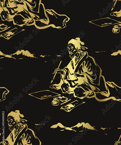 old man calligraphy japanese chinese seamless golden vector pattern ink design 