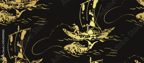 fishing boat japanese chinese seamless golden vector pattern ink design 