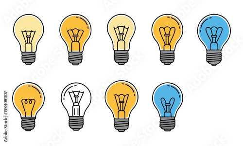 Light Bulb Icons Set of Glowing and Non-Glowing on White Background