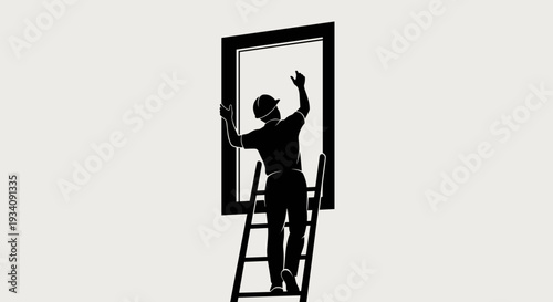 Man Installing Window on Ladder Silhouette.