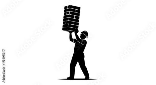 Man Lifting Heavy Brick Wall Silhouette.