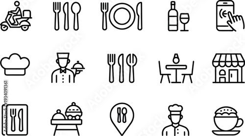 Restaurant And Food Delivery Related Icons, Black And White vector.