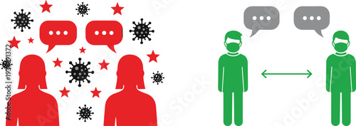 Coronavirus prevention concept illustration, social distancing and mask protection conversation to reduce virus spread and infection transmission risk