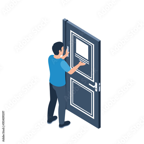 Man Opening Large Door with Handle.