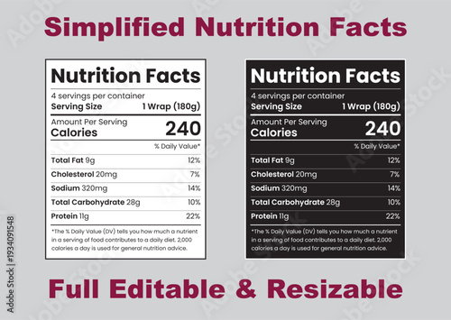 Nutrition Facts Label, Simplified Nutrition Facts Label Template Vector in FDA Style for Food Packaging Design, Minimal Nutrition Facts Chart for Product Packaging.