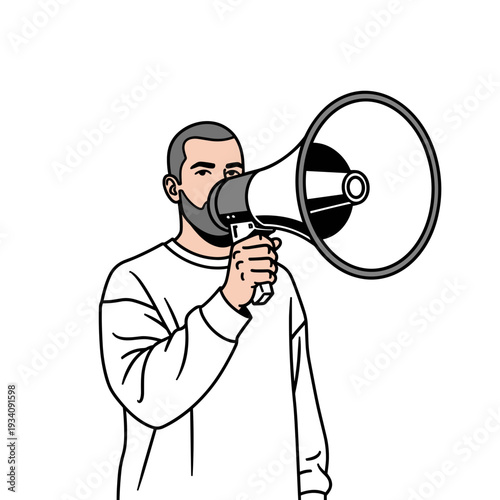 Man Shouting Through Megaphone Loudspeaker.
