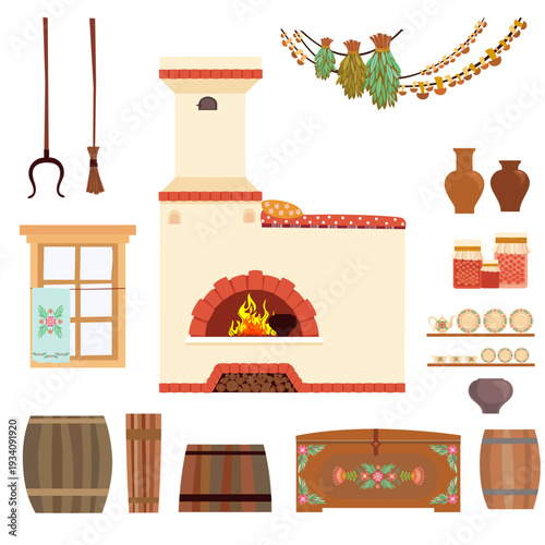 Set of Russian village elements. Ancient Russian culture. Russian stove with firewood and cast iron pot. Old traditional culture. Slavic symbols. Colorful  isolated illustration hand drawn doodle 