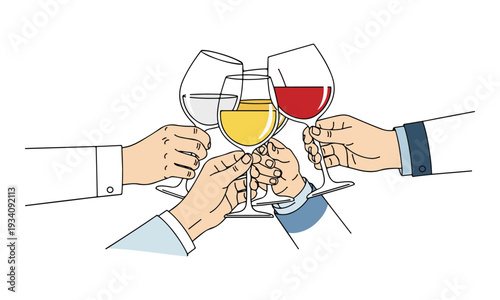 Hands Clinking Wine Glasses with Red, White, and Yellow Wine