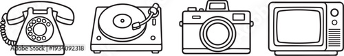 Line art illustration of vintage technology telephone record player camera and television
