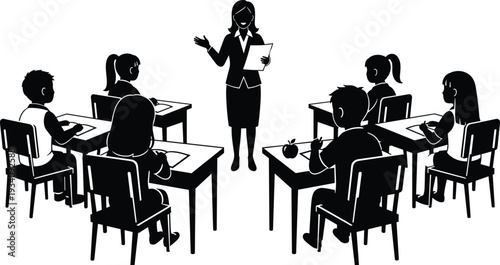 Black and white silhouette illustration, teacher holding paper, students desks, classroom learning, education concept, study environment, group activity, teaching scene, flavector