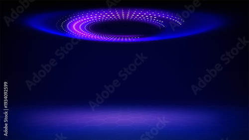 Futuristic technology stage blue background. Round purple pink dotted led, neon glow, grid floor. Abstract background for displaying products presentation, advertising. Tech backdrop. Showcase. Vector