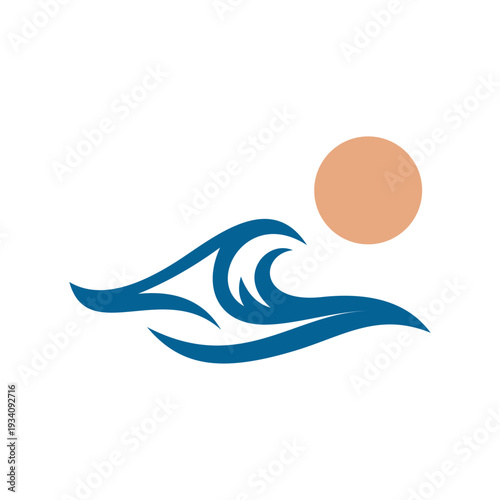 Ocean wave logo with simple sun and sea shapes.