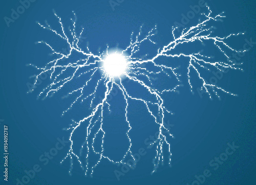 Pixel landscape with lightning stroke in the sky.