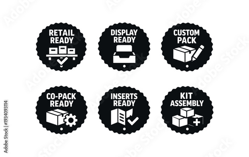 Flat vector seal stamp badge tiny muted accent dot badge texts and icons: RETAIL READY shelf checkmark DISPLAY READY stand box CUSTOM PACK box pencil CO PACK READY box gear INSERTS READY