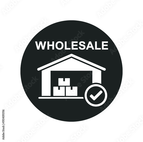 Flat vector badge WHOLESALE simple white warehouse building with checkmark
