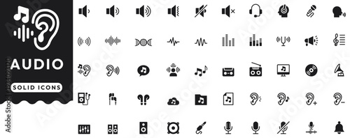 Audio solid icon set cover music, sound, media, speaker, headphones, mic, soundwaves, volume, earphone, earbuds, signal, frequency, record, voice, podcast, mute . Professional vector illustration set