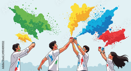 Vibrant Holi Festival Celebration: Joyful Friends Playing with Colorful Gulal Powder Splashes Against a Clear Sky - Energy & Togetherness