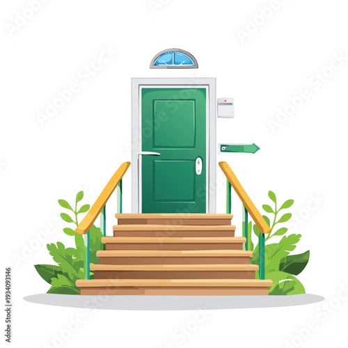 Green door with wooden stairs and surrounding foliage illustration